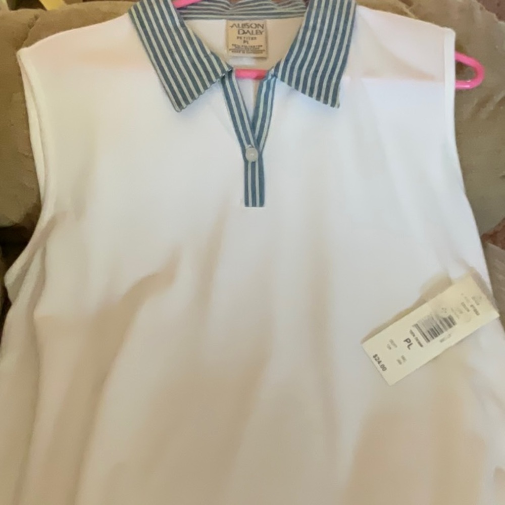 Allison Dailey Petite, Golf, Sleeveless Knit Top, white shirt, blue collar
